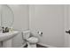 Well-lit powder room with pedestal sink, modern fixtures, and a clean, minimalist design at 220 Eastmark Way, Fayetteville, GA 30214