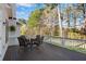 Deck with wooden floor, white railing, and outdoor dining set overlooking wooded backyard at 3015 Foxhall Overlook, Roswell, GA 30075