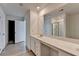 Large bathroom with a long vanity with double sinks, a large mirror, and a glass shower at 2054 Hickman Walk, Suwanee, GA 30024