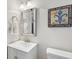 Charming half bath with a modern vanity, decorative mirror, and Fleur de Lis wall decor at 3034 Bristlewood Nw Ln, Marietta, GA 30064