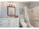 Updated bathroom with a vanity, marble countertop, and shower-tub combination at 2015 Kilmington Sq, Alpharetta, GA 30009