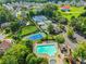 Aerial view showcases a community pool and tennis courts surrounded by lush greenery and homes at 5425 Edinbourgh Ct, Cumming, GA 30040