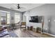 Comfortable living room featuring hardwood floors, modern lighting, and a large window at 10 Perimeter Summit # 2402, Atlanta, GA 30319