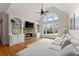 Bright living room with fireplace, built-in shelving, vaulted ceiling, and large window at 6040 Boulder Bluff Dr, Cumming, GA 30040