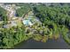 Aerial view of lakefront community featuring a pool, tennis courts, playground and lush landscaping at 525 Appalachian Pl, Canton, GA 30114