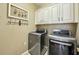 Laundry room features modern washer and dryer, with overhead cabinet storage at 535 Cameron Manor Way, Atlanta, GA 30328