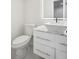 A well lit bathroom featuring a modern vessel sink on a white cabinet and marble countertop at 7410 Fields Dr, Cumming, GA 30041
