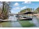 Picturesque view of a private boat dock on a serene lake, offering waterfront living and recreational opportunities at 7410 Fields Dr, Cumming, GA 30041
