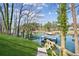 Scenic lake view showcasing lush green lawn, clear blue water, and private docks along the shoreline at 7410 Fields Dr, Cumming, GA 30041