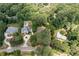 Expansive aerial view featuring a beautiful neighborhood, lush trees, and luxurious homes with driveways and a pool at 59 Woodlawn Dr, Marietta, GA 30067