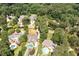Aerial view showcasing a neighborhood with mature trees, large homes, pools and winding roads at 59 Woodlawn Dr, Marietta, GA 30067