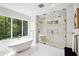 Bright bathroom with double shower, soaking tub, and serene green outdoor views at 159 E Wesley Ne Rd, Atlanta, GA 30305