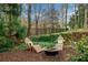 Relaxing backyard fire pit area featuring Adirondack chairs and privacy landscaping at 3821 Teesdale Ct, Atlanta, GA 30350