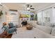 Cozy living room with a fireplace, built-in shelves, plush sofa, and a ceiling fan at 2591 Royston Dr, Duluth, GA 30097