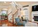 Warm living room showcasing a staircase, fireplace, hardwood floors, and comfortable seating at 2591 Royston Dr, Duluth, GA 30097