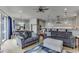Open-concept living space with sofas, a dining table, and kitchen featuring ample seating and modern appliances at 5995 Lanier Heights Cir, Buford, GA 30518