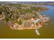 Aerial view of a lake peninsula with docks, piers, and recreational facilities at 3475 Summerlin Pkwy, Lithia Springs, GA 30122