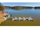 Lake scene with a dock featuring paddle boats, offering water activities at 3475 Summerlin Pkwy, Lithia Springs, GA 30122