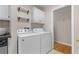 Bright laundry room equipped with white washer and dryer and shelving for storage at 3346 Stonecrest Ct, Atlanta, GA 30341