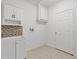 Laundry room featuring white cabinets and tile backsplash, with a sink and door to the exterior at 695 Old Peachtree Rd, Lawrenceville, GA 30043