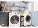 Convenient laundry area with washer, dryer, shelving, and blue accent wall at 710 Josh Ln, Lawrenceville, GA 30045