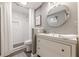 Modern bathroom with gray walls, white vanity, and a tiled walk-in shower at 3201 Lenox Ne Rd # 16, Atlanta, GA 30324