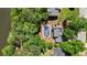 Aerial view of a private lakefront home with a pool, surrounded by lush greenery and mature trees at 4811 West Lake Se Dr, Conyers, GA 30094