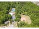 Aerial view of the community amenities, including a pool, tennis courts, and baseball field, surrounded by lush greenery at 3211 Blaisdell Rd, Buford, GA 30519