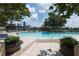 Enjoy the condo complex outdoor pool with city skyline views, surrounded by lush greenery and comfortable lounge chairs at 270 17Th Nw St # 4208, Atlanta, GA 30363