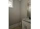 Powder room featuring white vanity with granite countertop, dark hardware, and neutral paint at 6841 Phillips Mill Rd, Douglasville, GA 30135