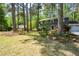 A two-story home with stone details and blue siding surrounded by lush trees and lawn at 4400 Huntington Cir, Dunwoody, GA 30338