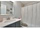 Clean bathroom featuring patterned shower curtain, grey vanity, and modern sink at 1007 Belle Ave, Roswell, GA 30076