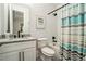 A bathroom with modern fixtures, shower, granite countertop and vanity creates a relaxing atmosphere at 396 Academy St, Alpharetta, GA 30009