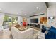 Inviting living room with a comfortable sofa, a large TV, and sliding glass doors to the backyard at 10070 Timberstone Rd, Johns Creek, GA 30022