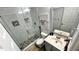 This newly updated bathroom features a stylish glass enclosed shower and modern vanity at 81 Richmond Way, Villa Rica, GA 30180