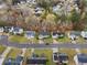 A high angle aerial view of a suburban neighborhood with mature trees, well kept lawns and attractive houses at 174 Whetstone Way, Villa Rica, GA 30180