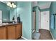 Bathroom featuring a vanity with granite countertop and neutral colored walls at 1952 Appaloosa Mill Cir, Buford, GA 30519