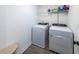 A bright laundry room features a washer, dryer, and wire shelving at 3739 Silvery Way, Powder Springs, GA 30127