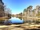 Picturesque lake view with calm waters reflecting the surrounding trees under a clear sky at 2504 Loch View Sw Ct, Conyers, GA 30094