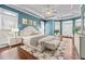 Luxurious main bedroom featuring tray ceilings, a ceiling fan, and abundant natural light at 2504 Loch View Sw Ct, Conyers, GA 30094