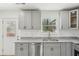 Close-up of a kitchen with grey cabinetry, stainless-steel appliances and granite countertops at 4179 Hanes Dr, Decatur, GA 30035