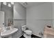 Charming powder room features a pedestal sink, wainscoting, and a classic design for guests at 7115 Harbour Lndg, Alpharetta, GA 30005