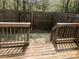 A wooden deck overlooks a fenced backyard with trees and greenery, offering a private outdoor space at 849 Arbor Crowne Dr, Lawrenceville, GA 30045