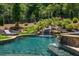 Stunning waterfall cascading into a pristine pool, surrounded by vibrant landscaping and privacy fence at 201 Edwards Brook Ct, Canton, GA 30115