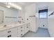 Clean bathroom with double sink vanity, modern fixtures and a black and white checkered window shade at 3550 Gravitt Rd, Cumming, GA 30040