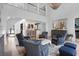 Open-concept living room with a fireplace, large windows, and stylish seating arrangements at 1025 Abingdon Ln, Johns Creek, GA 30022