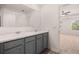 Bathroom with gray cabinets, double sinks, and a large mirror at 169 Aster Avenue, Locust Grove, GA 30248