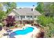 Aerial view of home with lush landscaped backyard and inviting private pool at 8155 Legends View Ct, Cumming, GA 30028