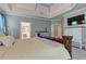 Spacious main bedroom features a tray ceiling, carpet, and access to the ensuite bathroom at 8155 Legends View Ct, Cumming, GA 30028
