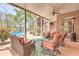Relaxing covered pool patio with comfortable seating, ceiling fan and view of the backyard at 8155 Legends View Ct, Cumming, GA 30028